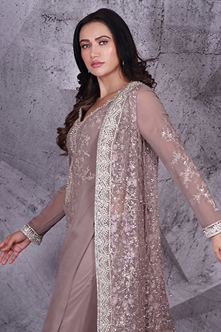 Grey Net Floral Embroidered Jacket Set by Archana Kochhar at Pernia's Pop Up Shop