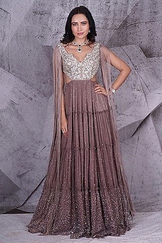 Grey Georgette Floral Embroidered Anarkali by Archana Kochhar