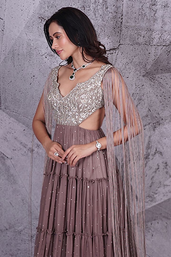 Grey Georgette Floral Embroidered Wedding Anarkali by Archana Kochhar at Pernia's Pop Up Shop