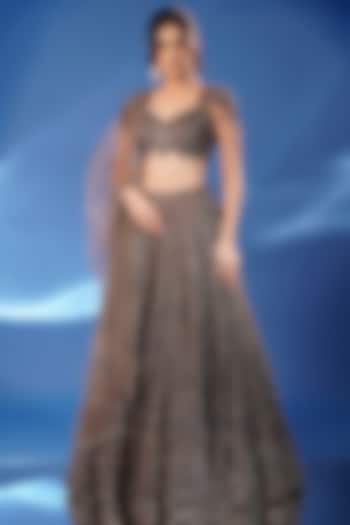 Deep Grey Net Hand Embroidered Bridal Lehenga Set by Archana Kochhar at Pernia's Pop Up Shop