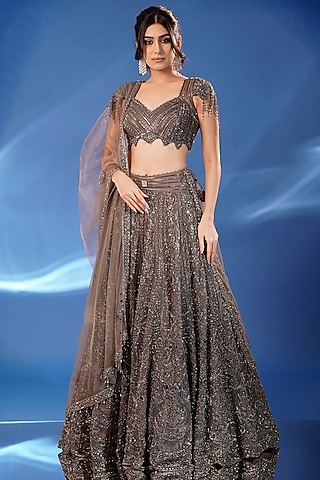 Deep Grey Net Hand Embroidered Lehenga Set by Archana Kochhar