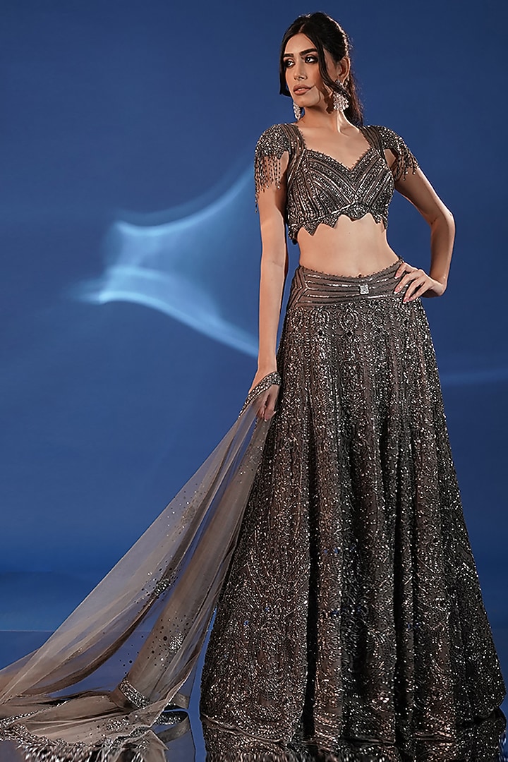 Deep Grey Net Hand Embroidered Bridal Lehenga Set by Archana Kochhar at Pernia's Pop Up Shop