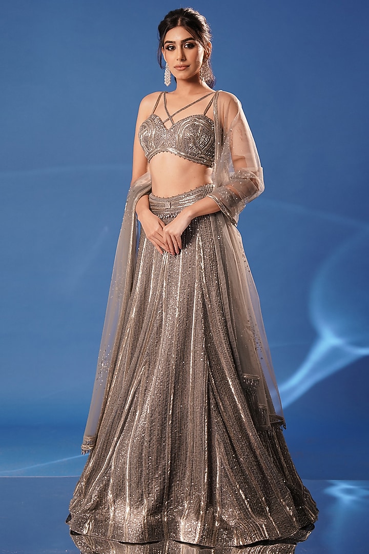 Soft Grey Net Hand Embroidered Bridal Lehenga Set by Archana Kochhar at Pernia's Pop Up Shop