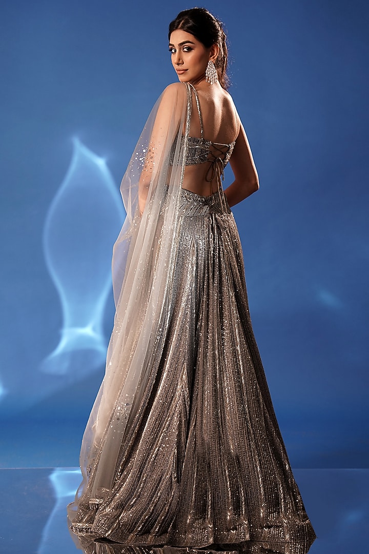 Soft Grey Net Hand Embroidered Bridal Lehenga Set by Archana Kochhar at Pernia's Pop Up Shop
