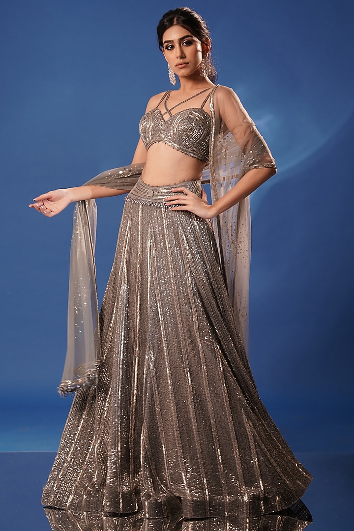 Soft Grey Net Hand Embroidered Bridal Lehenga Set by Archana Kochhar at Pernia's Pop Up Shop