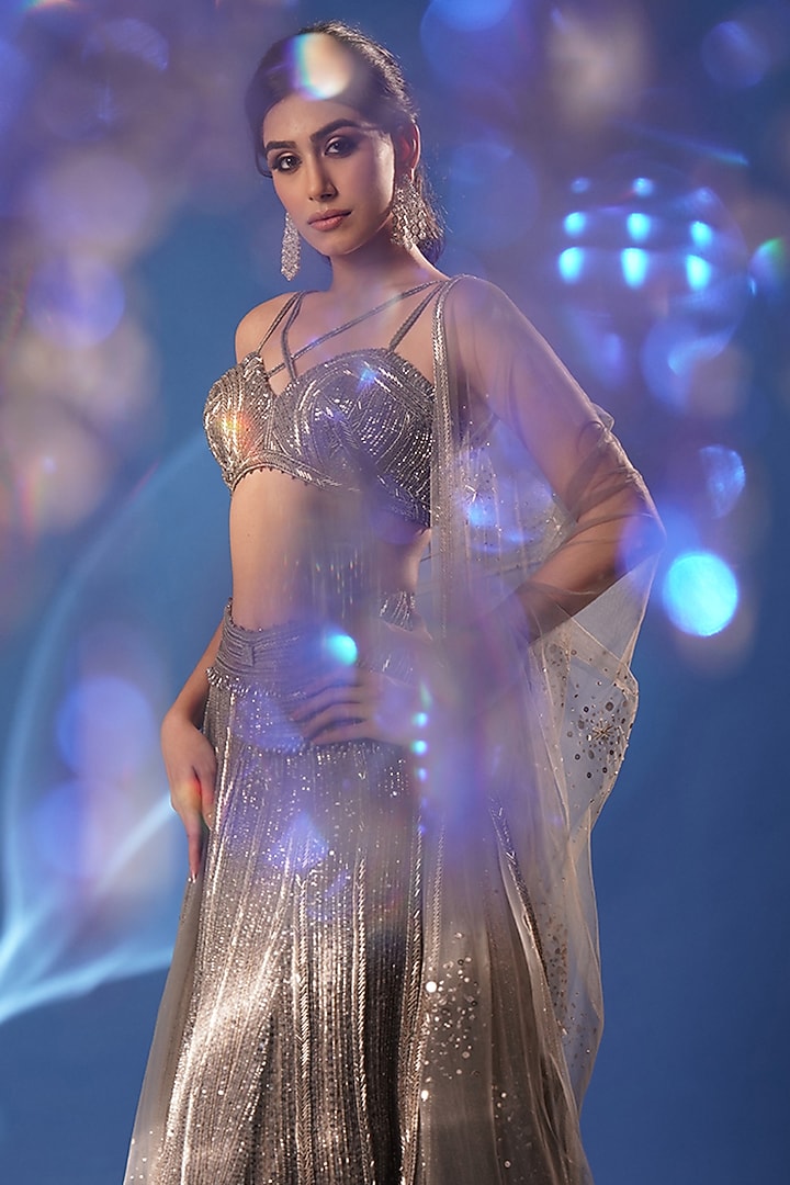 Soft Grey Net Hand Embroidered Bridal Lehenga Set by Archana Kochhar at Pernia's Pop Up Shop