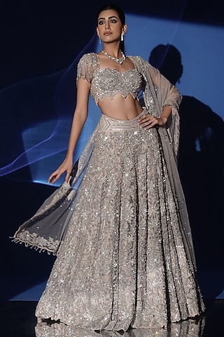Soft Grey Net Sequins Hand Embroidered Lehenga Set by Archana Kochhar