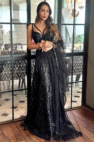 Midnight Black Net Hand Embroidered Lehenga Set by Archana Kochhar