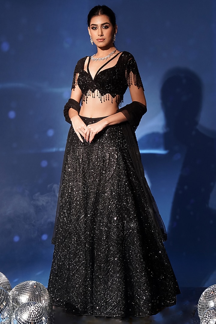 Midnight Black Net Hand Embroidered Bridal Lehenga Set by Archana Kochhar at Pernia's Pop Up Shop