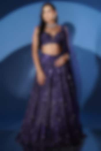 Electric Blue Net Sequins Embroidered Bridal Lehenga Set by Archana Kochhar at Pernia's Pop Up Shop