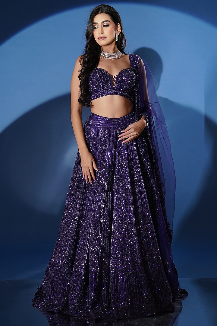Electric Blue Net Sequins Embroidered Bridal Lehenga Set by Archana Kochhar at Pernia's Pop Up Shop