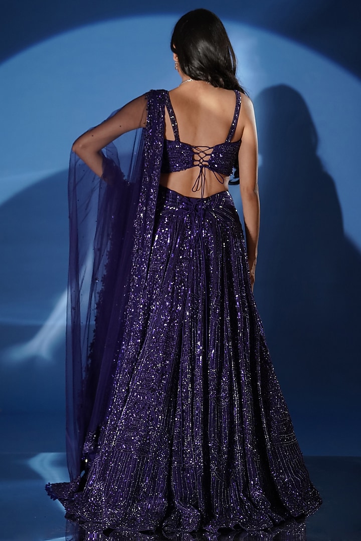 Electric Blue Net Sequins Embroidered Bridal Lehenga Set by Archana Kochhar at Pernia's Pop Up Shop