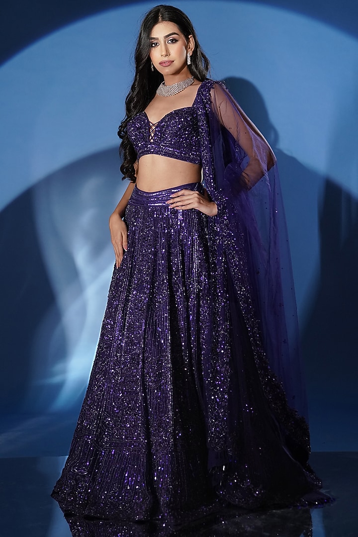 Electric Blue Net Sequins Embroidered Bridal Lehenga Set by Archana Kochhar at Pernia's Pop Up Shop