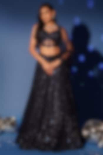 Midnight Blue Net Hand Embroidered Bridal Lehenga Set by Archana Kochhar at Pernia's Pop Up Shop