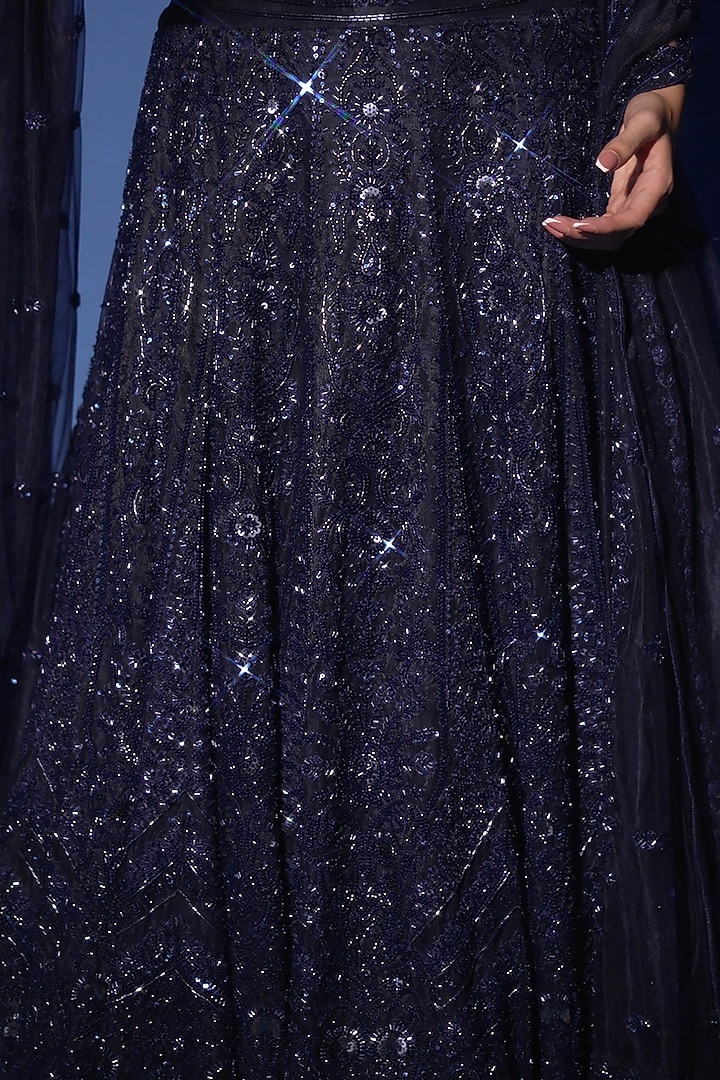 Midnight Blue Net Hand Embroidered Bridal Lehenga Set by Archana Kochhar at Pernia's Pop Up Shop