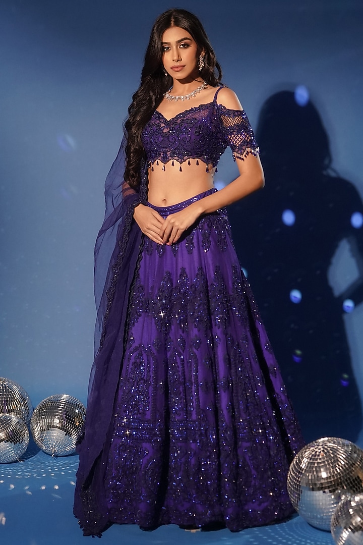 Royal Blue Net Hand Embroidered Bridal Lehenga Set by Archana Kochhar at Pernia's Pop Up Shop