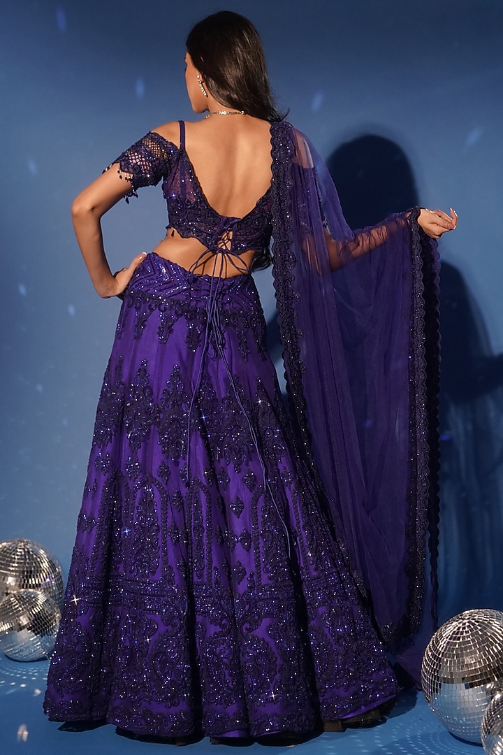Royal Blue Net Hand Embroidered Bridal Lehenga Set by Archana Kochhar at Pernia's Pop Up Shop