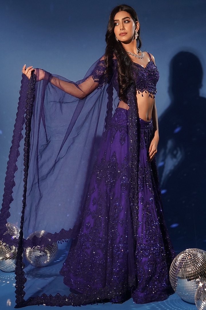 Royal Blue Net Hand Embroidered Bridal Lehenga Set by Archana Kochhar at Pernia's Pop Up Shop