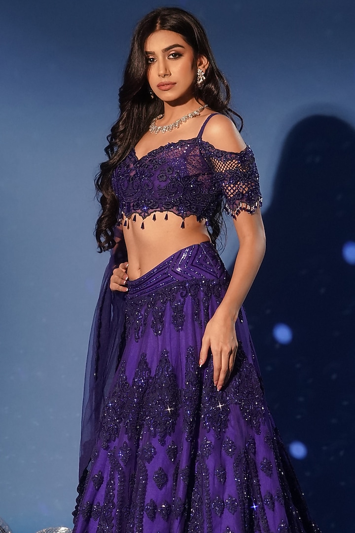 Royal Blue Net Hand Embroidered Bridal Lehenga Set by Archana Kochhar at Pernia's Pop Up Shop