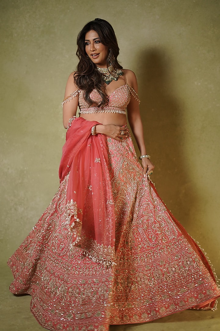 Pink Raw Silk Zardosi Embroidered Bridal Lehenga Set by Archana Kochhar at Pernia's Pop Up Shop