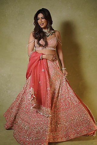 Pink Raw Silk Zardosi Embroidered Lehenga Set by Archana Kochhar