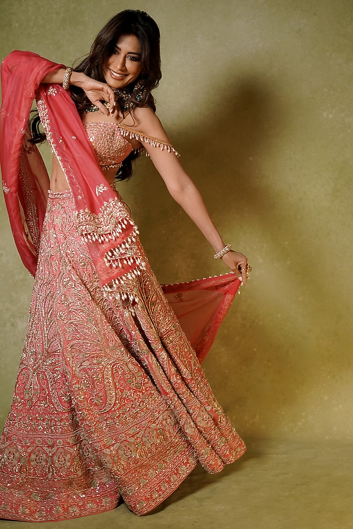 Pink Raw Silk Zardosi Embroidered Bridal Lehenga Set by Archana Kochhar at Pernia's Pop Up Shop