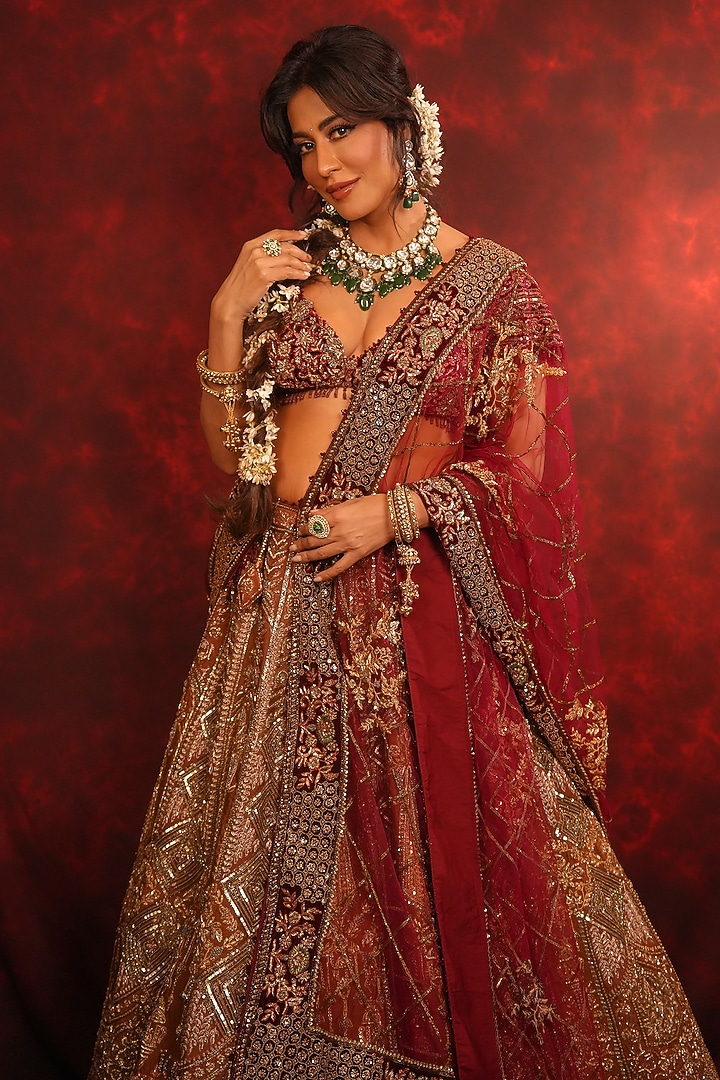 Maroon Raw Silk Zardosi Embroidered Bridal Lehenga Set by Archana Kochhar at Pernia's Pop Up Shop