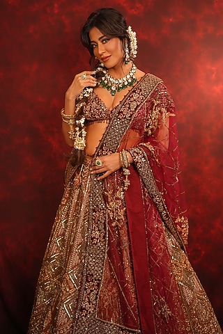 Maroon Raw Silk Zardosi Embroidered Lehenga Set by Archana Kochhar
