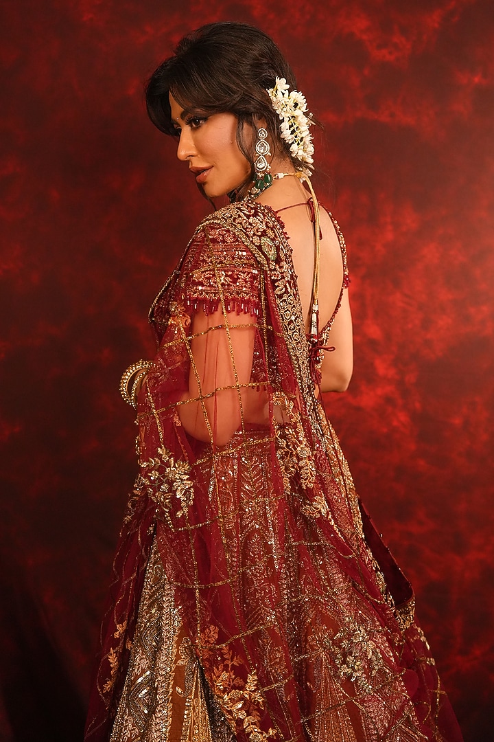 Maroon Raw Silk Zardosi Embroidered Bridal Lehenga Set by Archana Kochhar at Pernia's Pop Up Shop