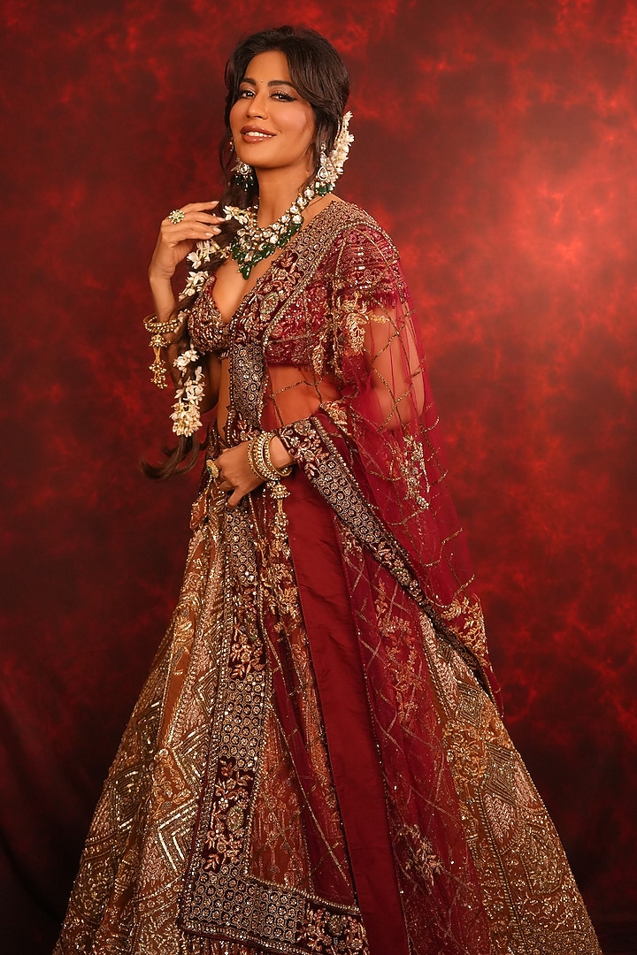 Maroon Raw Silk Zardosi Embroidered Bridal Lehenga Set by Archana Kochhar at Pernia's Pop Up Shop