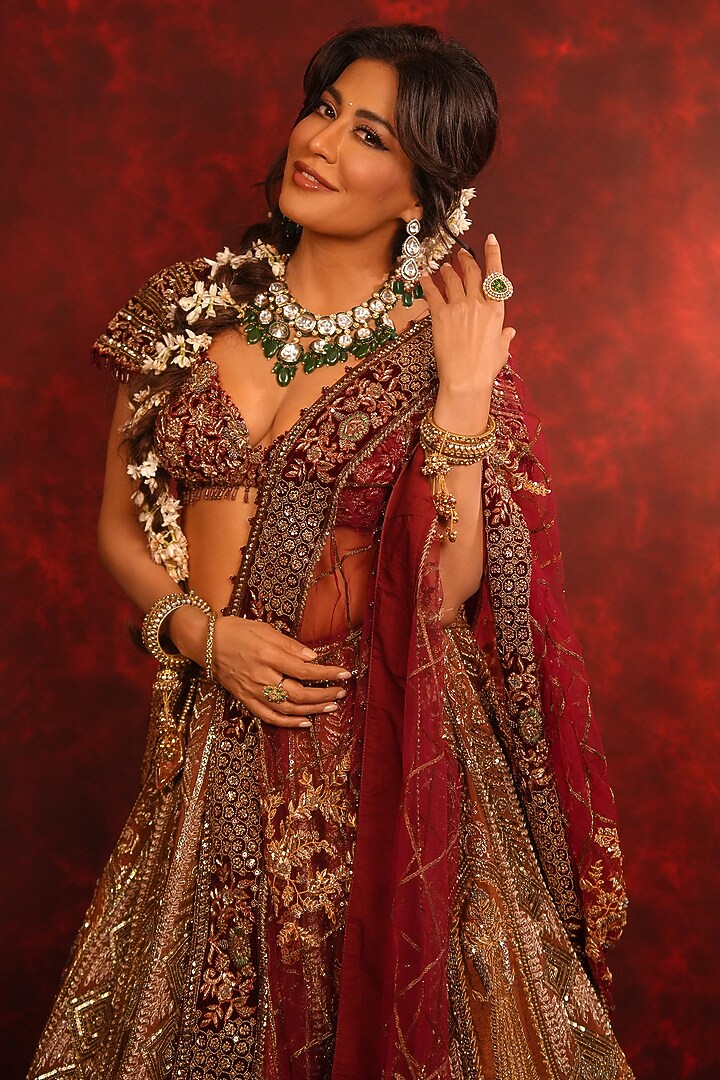 Maroon Raw Silk Zardosi Embroidered Bridal Lehenga Set by Archana Kochhar at Pernia's Pop Up Shop