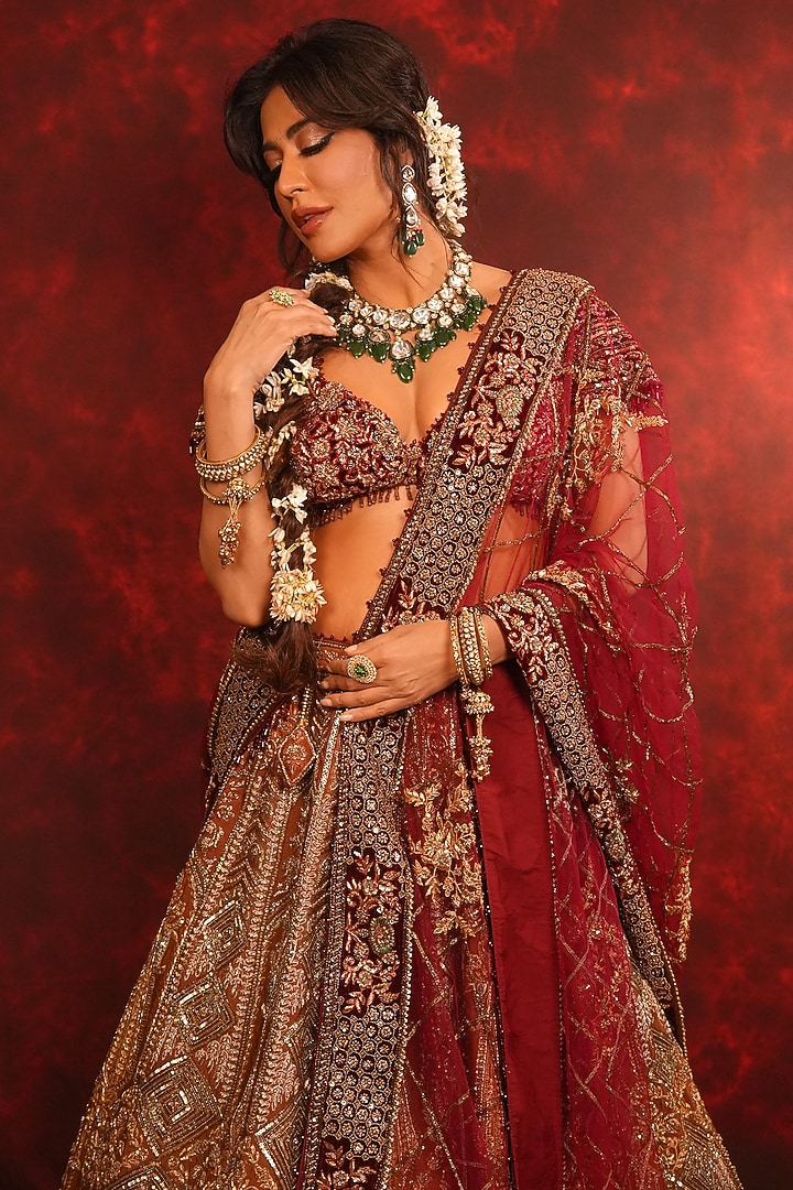 Maroon Raw Silk Zardosi Embroidered Bridal Lehenga Set by Archana Kochhar at Pernia's Pop Up Shop