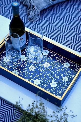 Blue Mango Wood Hand-Painted Rectangular Tray by ACE THE SPACE
