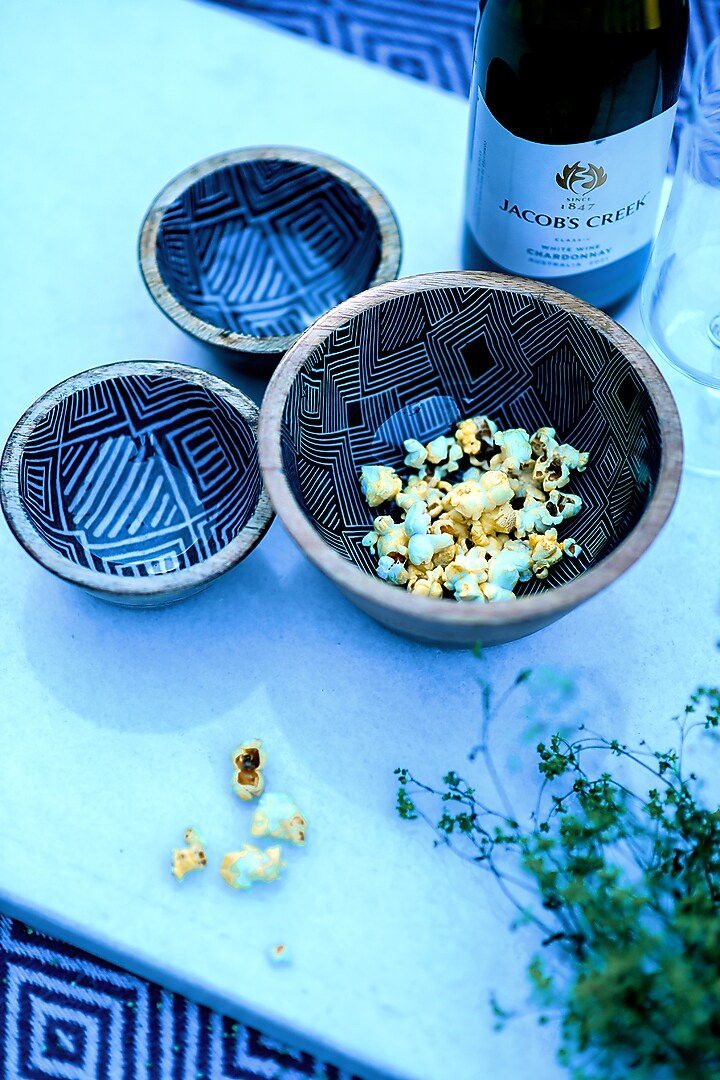 Black & White Mango Wood Enameled Striped Serving Bowl by ACE THE SPACE at Pernia's Pop Up Shop