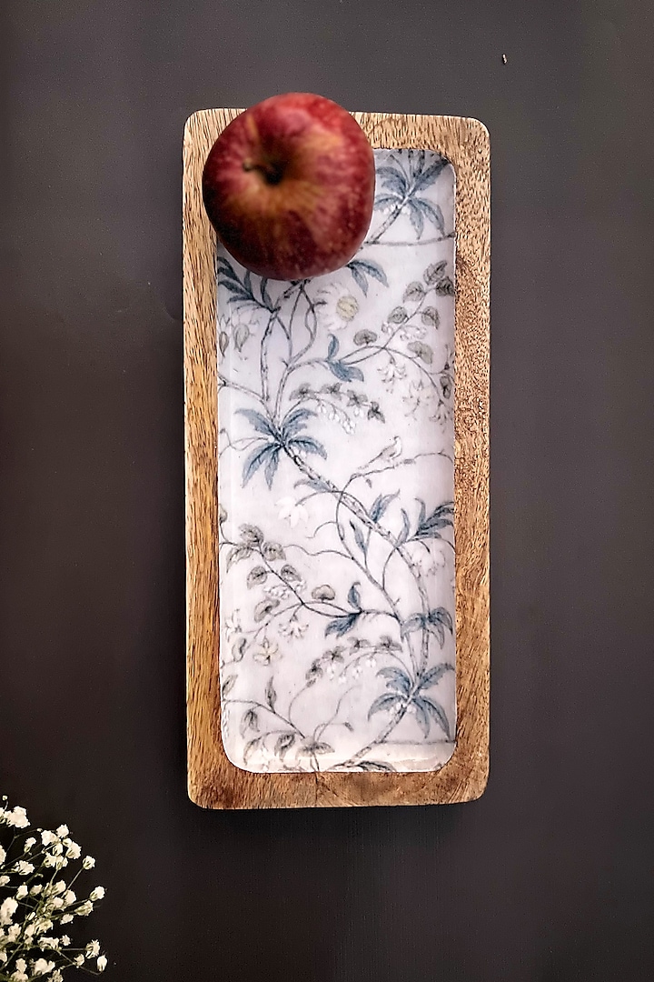 White & Brown Mango Wood Enameled Platter by ACE THE SPACE
