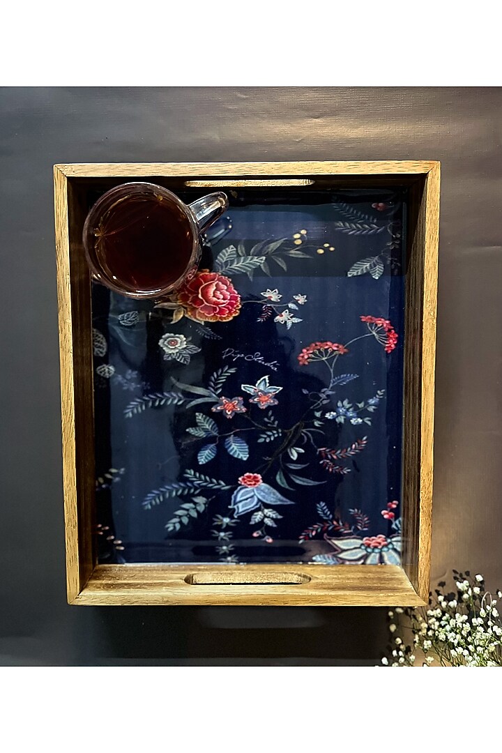 Dark Blue Mango Wood Enameled Tray Design by ACE THE SPACE at Pernia's