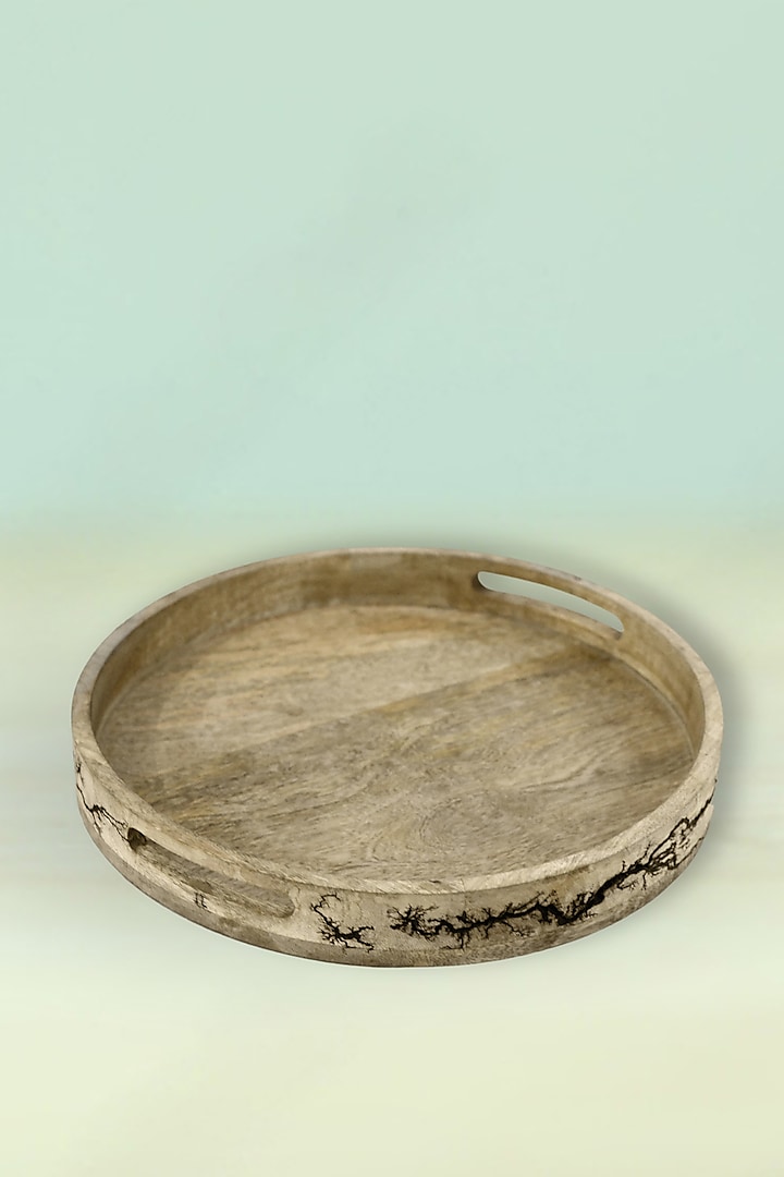 Brown Mango Wood Enameled Round Serving Tray by ACE THE SPACE