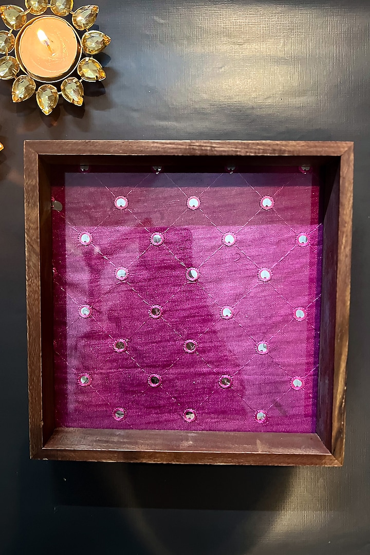 Pink Sheesham Wood & Glass Hand Embroidered Tray by ACE THE SPACE
