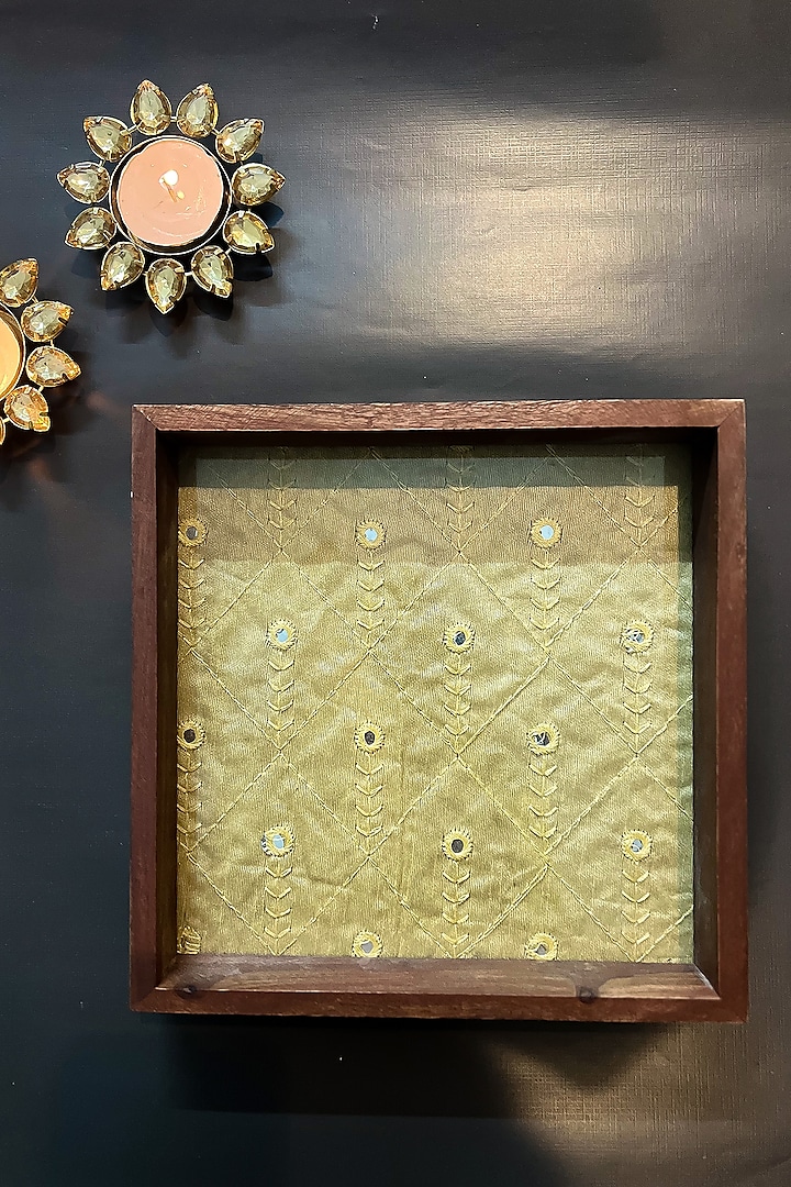 Golden Sheesham Wood & Glass Hand Embroidered Tray by ACE THE SPACE