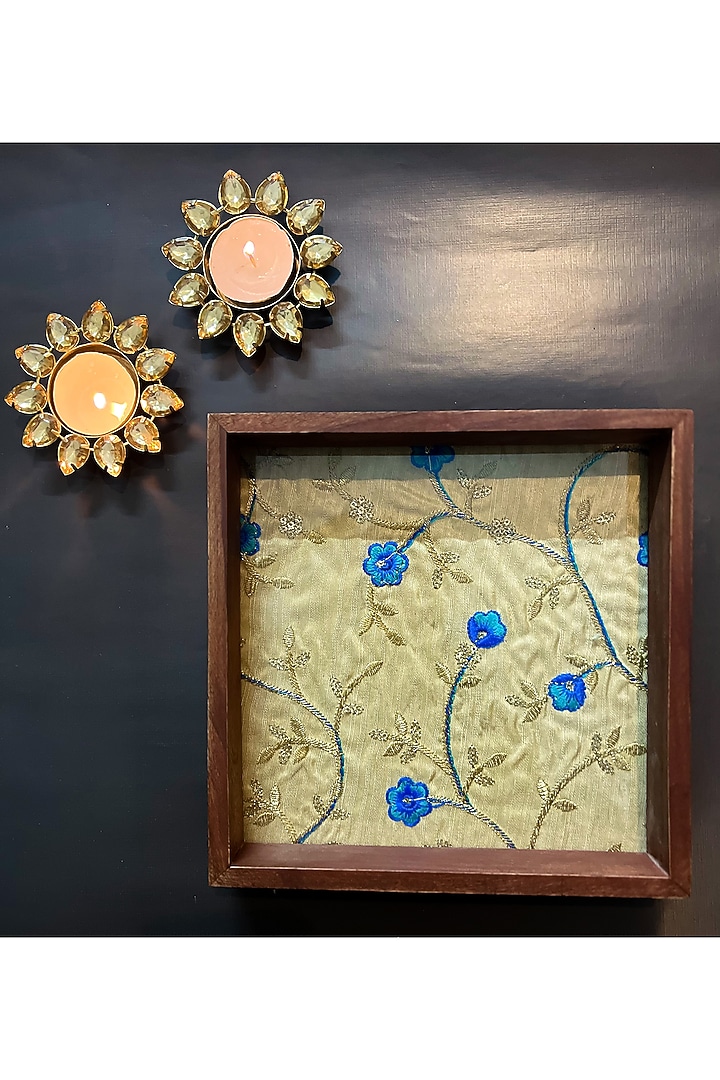 Golden & Blue Sheesham Wood Floral Hand Embroidered Tray by ACE THE SPACE at Pernia's Pop Up Shop