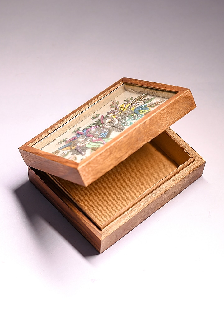 Brown Sheesham Wood & Glass Hand Embroidered Trinket Box by ACE THE SPACE