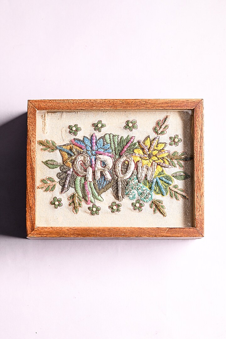 Brown Sheesham Wood & Glass Hand Embroidered Trinket Box by ACE THE SPACE at Pernia's Pop Up Shop