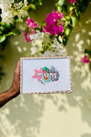 Brown Sheesham Wood & Glass Hand Embroidered Trinket Box by ACE THE SPACE