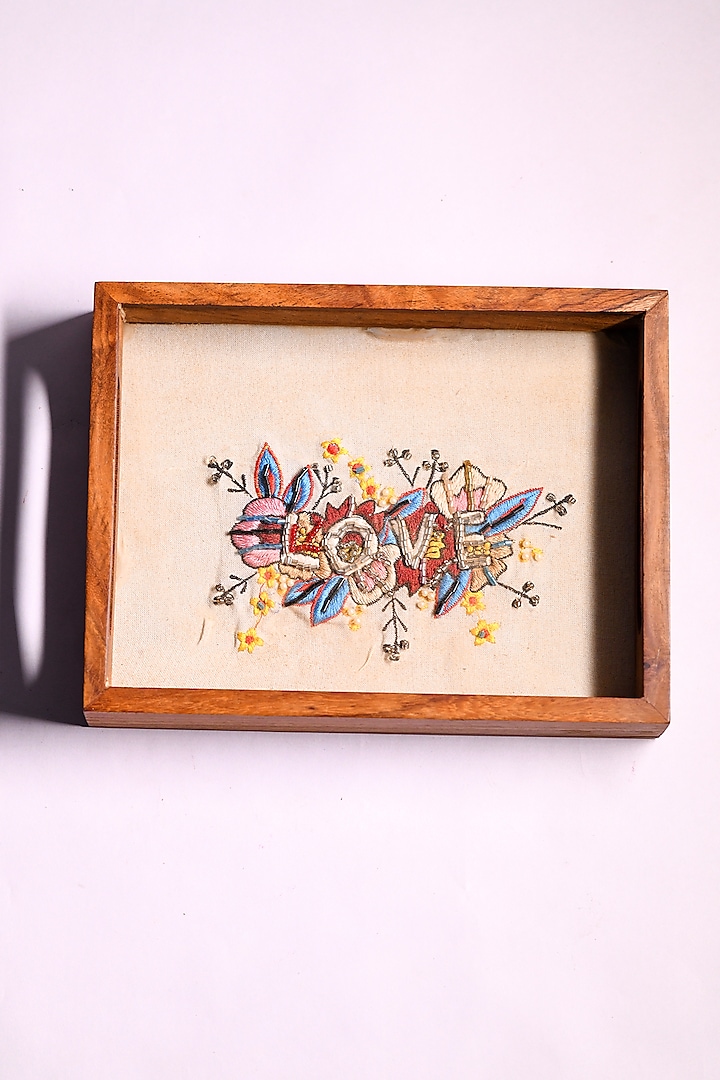 Brown Sheesham Wood Hand Embroidered Tray by ACE THE SPACE