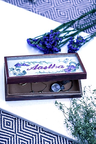 Brown Sheesham Wood & Glass Hand Embroidered Trinket Box by ACE THE SPACE