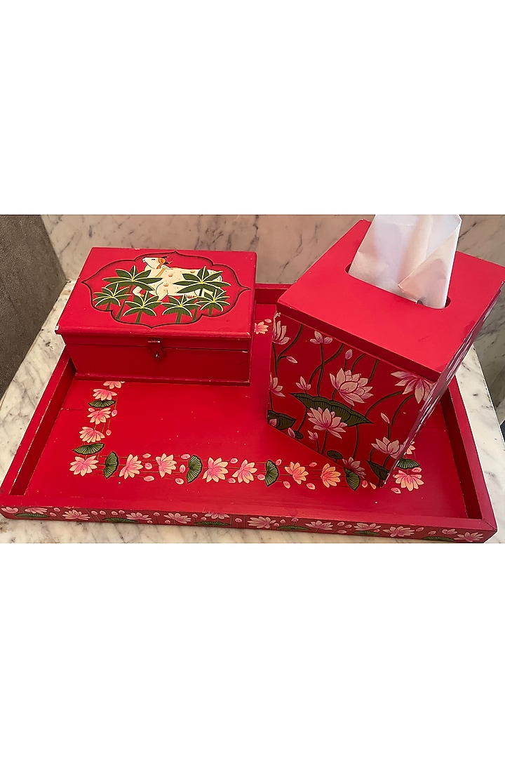 Red Mango Wood Hand Painted Tray Set by ACE THE SPACE
