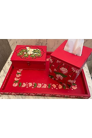 Red Mango Wood Hand Painted Tray Set by ACE THE SPACE