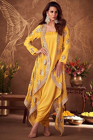 Yellow Georgette & Silk Jumper With Jacket by Arab Crab