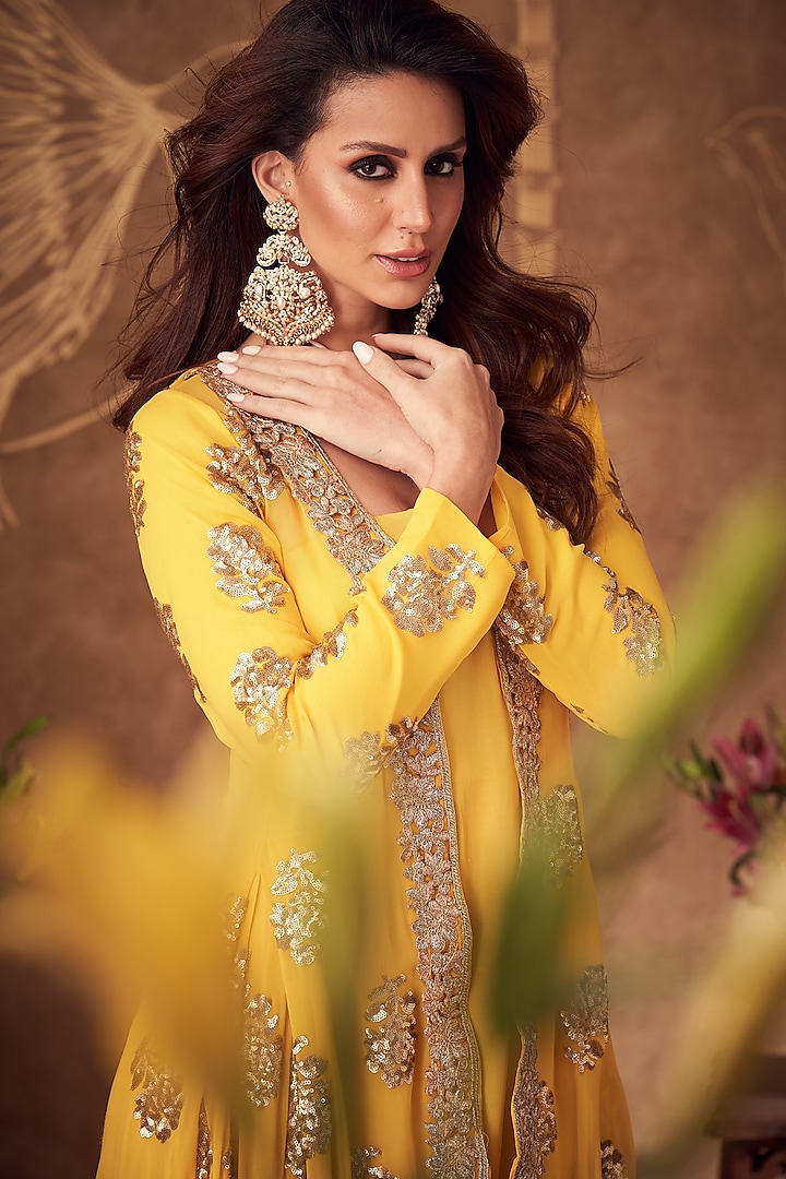 Yellow Georgette & Silk Jumper With Jacket by Arab Crab at Pernia's Pop Up Shop