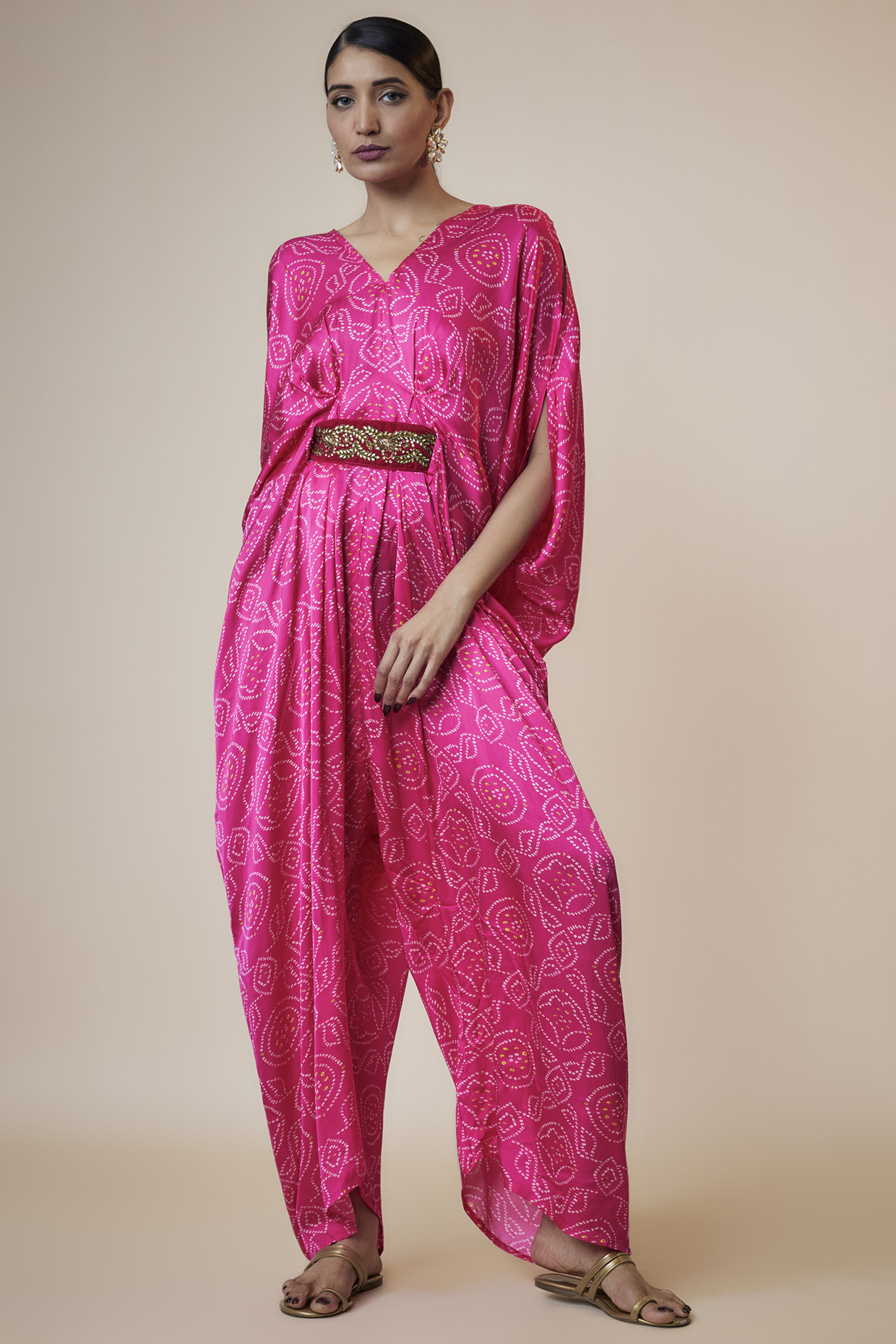 Pink Silk Bandhej Printed Pleated Jumpsuit by Arab Crab at Pernia's Pop Up Shop